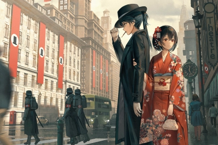 樱花少女，机甲少年，工业城市，和服，老爷车，士兵，防毒面具 4096x1964