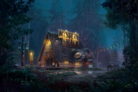风景 AI艺术 森林 商店 雨 光照效果 重力瀑布 卡通 电脑壁纸 4K壁纸 3840x2160