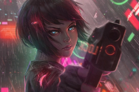 女人 持枪女孩 黑发 短发 萨莎 赛博朋克 枪支 雨 未来主义 广告牌 水 眼睛 AI艺术 建筑 灯 霓虹灯 手套 无指手套 4K壁纸 3840x2160