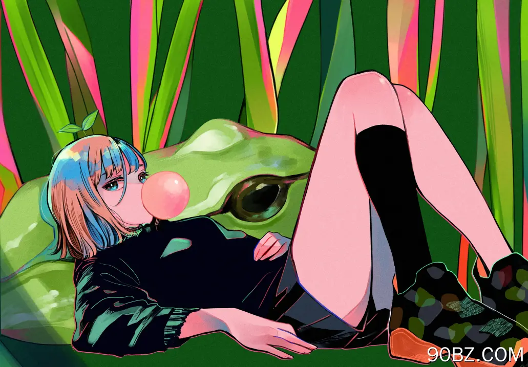 短发 粉色 头发 艺术家 动漫 动漫女孩 青蛙  口香糖 袜子 泡泡糖   电脑壁纸 4K壁纸