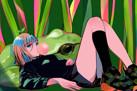 短发 粉色 头发 艺术家 动漫 动漫女孩 青蛙  口香糖 袜子 泡泡糖   电脑壁纸 4K壁纸 4217x2933