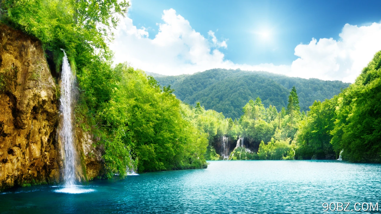 风景 湖泊 瀑布 树木 丘陵 国家公园 4K壁纸