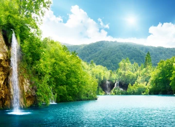 风景 湖泊 瀑布 树木 丘陵 国家公园 4K壁纸  3840x2160