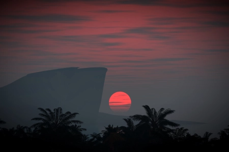海瑟姆&middot;哈利法数字艺术自然风景夕阳红日树红天空云椰子剪影暗角 3840x2160