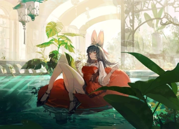 原创 人物 栗色 橙色眼睛 动漫 女孩 兽耳 黑发 连衣裙 泳池 泳泳圈 兔耳 4K壁纸  4096x2406