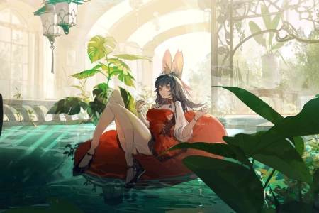 原创 人物 栗色 橙色眼睛 动漫 女孩 兽耳 黑发 连衣裙 泳池 泳泳圈 兔耳 4K壁纸 4096x2406