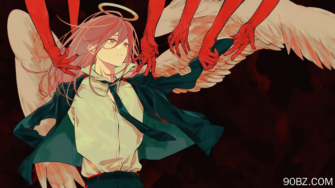 红发 电锯人 武器 光环 翅膀 红色背景 动漫 女孩 4K壁纸