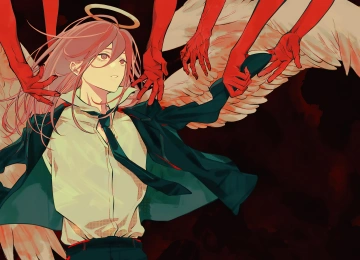 红发 电锯人 武器 光环 翅膀 红色背景 动漫 女孩 4K壁纸  3840x2160