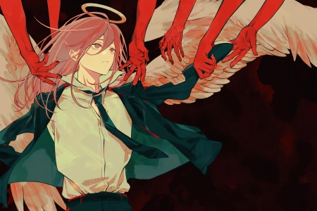 红发 电锯人 武器 光环 翅膀 红色背景 动漫 女孩 4K壁纸 3840x2160