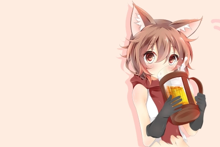 猫女孩 黑发 动漫 动漫女孩 白色 简单背景 啤酒 食物 啤酒杯  电脑壁纸 4K壁纸 3840x2160