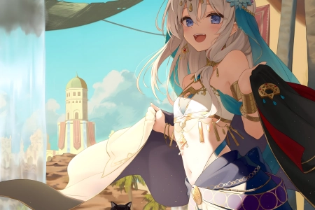 白发 蓝眼睛 灰色头发 动漫 女孩 耳环 云 天空 猫 瀑布 水 花瓶 阳光 棕榈树 手机壁纸 4K壁纸 5760x8192