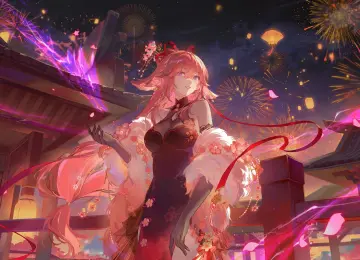 粉色头发 艺术品 动漫 动漫女孩 紫色眼睛 连衣裙 旗袍 手套 烟花 灯笼 元宵节 中国建筑 春节 电脑壁纸 4K壁纸  4800x2700