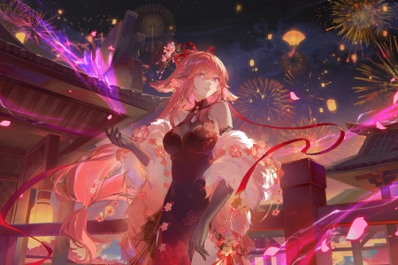 粉色头发 艺术品 动漫 动漫女孩 紫色眼睛 连衣裙 旗袍 手套 烟花 灯笼 元宵节 中国建筑 春节 电脑壁纸 4K壁纸 4800x2700