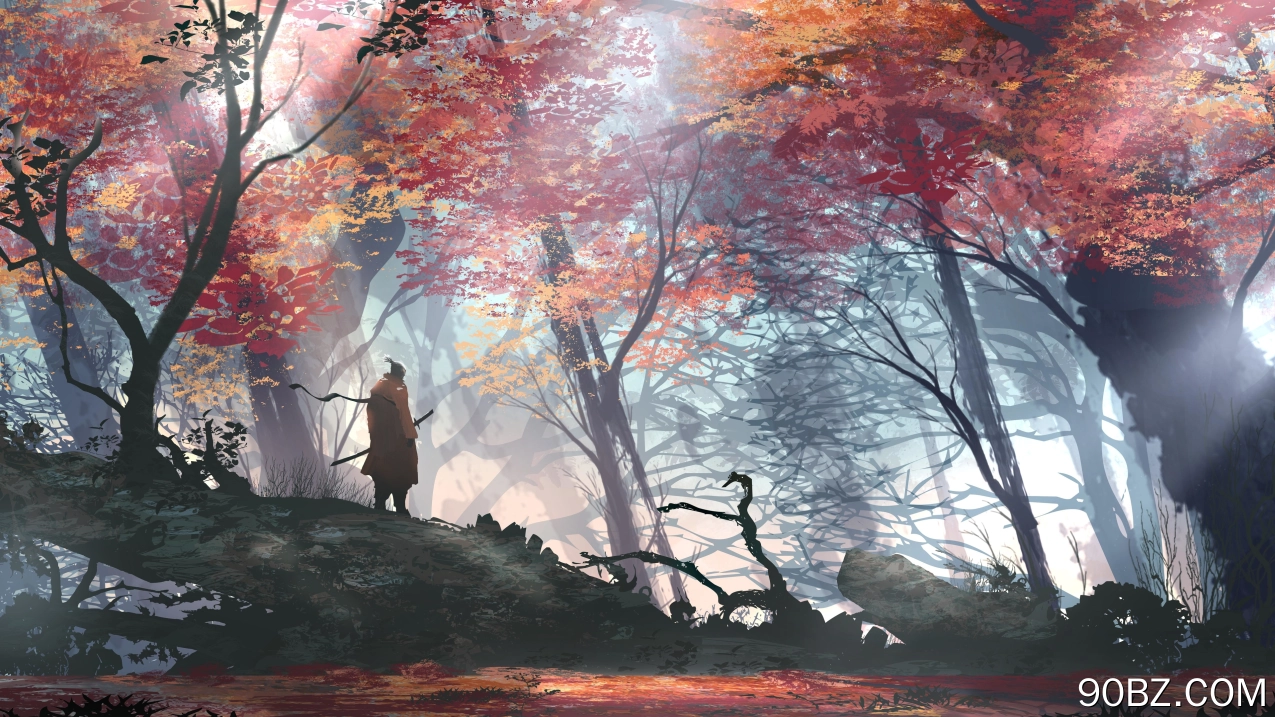 影逝 twice 森林武士 数码艺术 树木 幻想艺术 画作 叶子 阳光 游戏艺术 站立 游戏 枝条 游戏人物 刀
