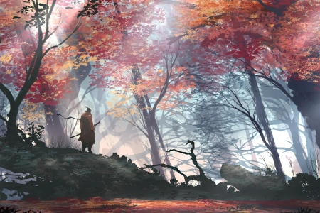 影逝 twice 森林武士 数码艺术 树木 幻想艺术 画作 叶子 阳光 游戏艺术 站立 游戏 枝条 游戏人物 刀 3840x2160