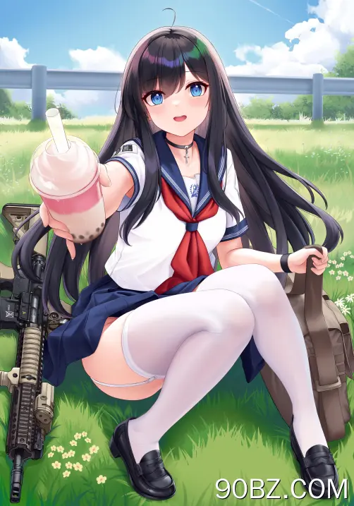 长发 女学生 蓝眼睛 动漫 女孩 饮料 校服 枪 袜子 吊袜带 草 项链 云 花 包 手机壁纸 4K壁纸