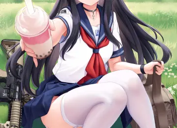 长发 女学生 蓝眼睛 动漫 女孩 饮料 校服 枪 袜子 吊袜带 草 项链 云 花 包 手机壁纸 4K壁纸  4325x6175