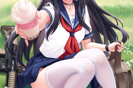 长发 女学生 蓝眼睛 动漫 女孩 饮料 校服 枪 袜子 吊袜带 草 项链 云 花 包 手机壁纸 4K壁纸 4325x6175