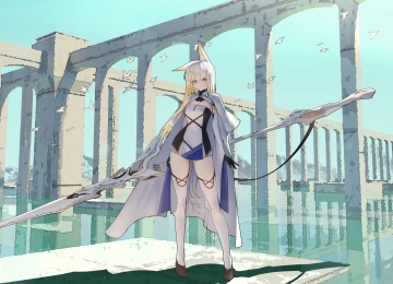 站立 红眼睛 金发 伊塔科 动漫 女孩 武器 兽耳 长矛 长袜 连衣裙 4K壁纸  4004x2405