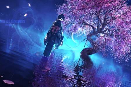 和服 花瓣 倒影 树木 黑发 回顾 极简主义 电脑壁纸 4K壁纸 6000x2772