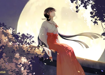 坐着 长发 抬头 动漫 动漫女孩 犬夜叉 月 夜 月光 4K壁纸  5123x2881