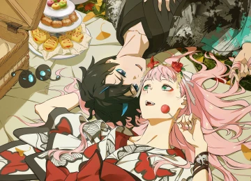 粉色头发 绿色眼睛 动漫 零二 动漫 男孩 女孩 眼影 食物 糖果 DARLING 国家队 4K壁纸  4500x3000
