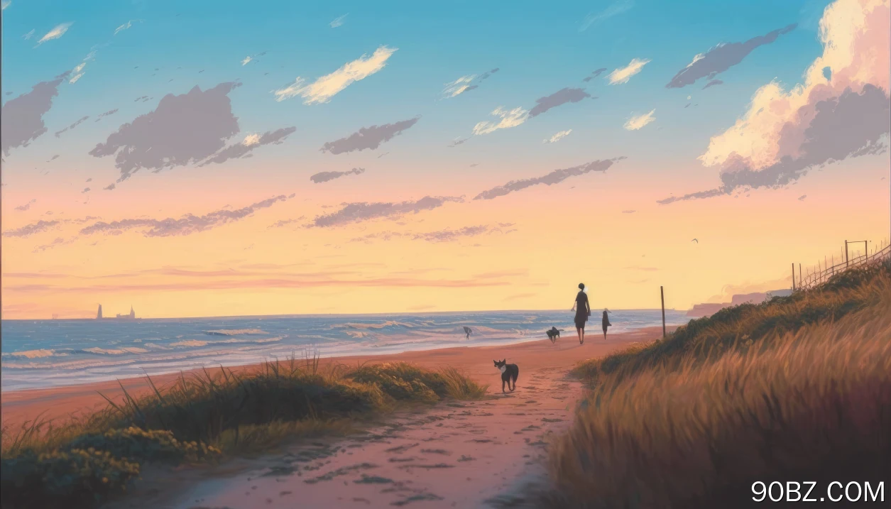 艺术 插图 海滩 云 海 水 沙 天空 夕阳辉光 4K壁纸