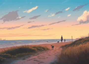 艺术 插图 海滩 云 海 水 沙 天空 夕阳辉光 4K壁纸  4579x2616