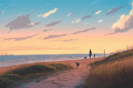 艺术 插图 海滩 云 海 水 沙 天空 夕阳辉光 4K壁纸 4579x2616