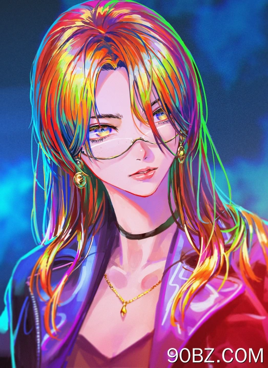 彩色 头发 动漫 女孩 眼镜 立绘 手机壁纸 4K壁纸