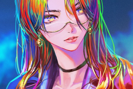 彩色 头发 动漫 女孩 眼镜 立绘 手机壁纸 4K壁纸 4096x5619