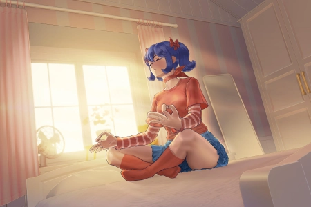 电子 游戏 艺术 窗户 窗帘 女孩 女生 坐着 盘腿 红色袜子 镜子 风扇 4K壁纸 3840x2160