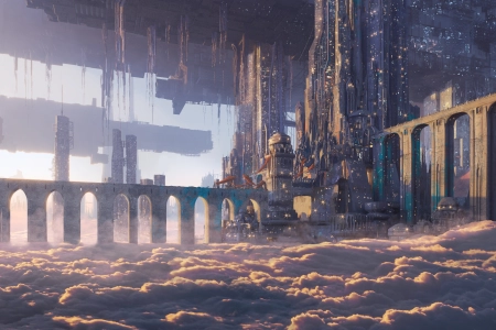 插图 城市 建筑 桥梁 乌托邦 云 幻想艺术  电脑壁纸 4K壁纸 3840x2160
