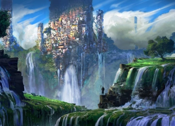 山 植物 瀑布 城市 奇幻艺术 风景 AI艺术 4K壁纸  5000x2600