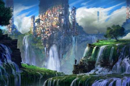 山 植物 瀑布 城市 奇幻艺术 风景 AI艺术 4K壁纸 5000x2600