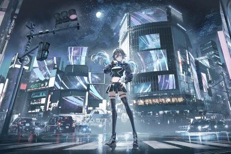 夜幕十字街头的动漫女孩们 3000x1687
