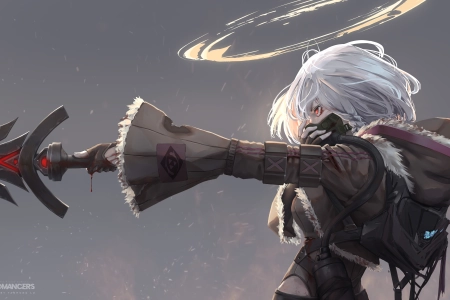 原创 人物 红眼 白发 动漫 女孩 面具  天秤座  电脑壁纸 4K壁纸 6800x3600
