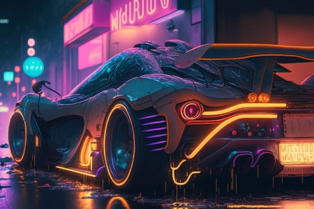 汽车 艺术 车辆 灯光 后视 AI艺术 反射 霓虹灯 赛博朋克 游戏 跑车 电脑壁纸 4K壁纸 5120x2880
