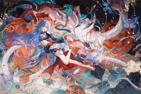 动漫 女孩 花 蝴蝶 唯美 2K壁纸 2880x1800
