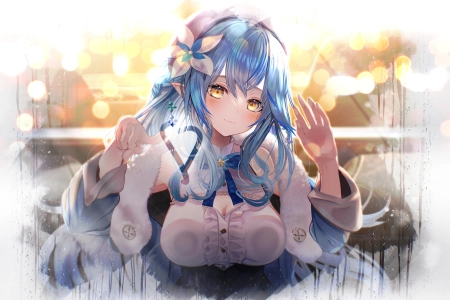 蓝色头发 黄色眼睛 兽耳 动漫 女孩 4K壁纸 7350x5513