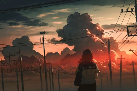 女学生 图片 日落 动漫女孩 云 天空 校服 夕阳辉光  电脑壁纸 4K壁纸 3840x2160