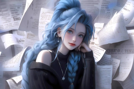金克丝 蓝色头发 黑色外套 报纸墙 4K 动漫 壁纸 4K壁纸 3840x2160