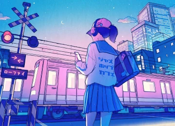女学生 动漫女孩 AI艺术 火车 帽子 耳机 校服 4K壁纸  3840x2160