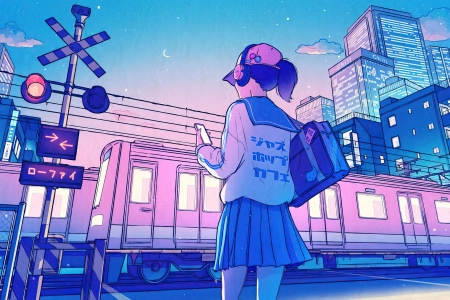 女学生 动漫女孩 AI艺术 火车 帽子 耳机 校服 4K壁纸 3840x2160