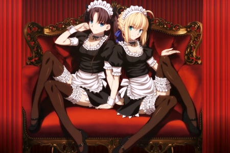 黑发 金发 微笑 蓝眼睛 绿眼睛 女孩 腿 动漫 女孩 命运系列 命运 动漫 丝袜 女仆装 女仆 4K壁纸 4000x2729