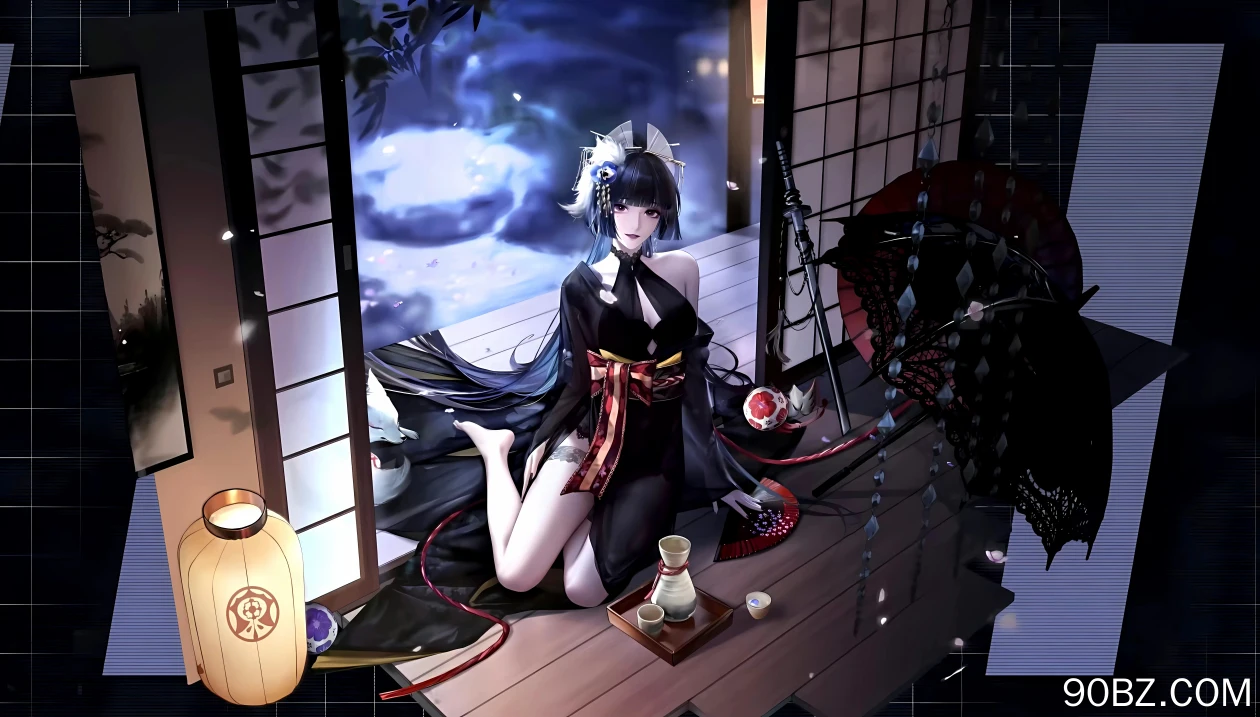 长发 肩膀 动漫女孩 动漫 清酒 夜 花瓣 杯子 武士刀 武器 灯笼 地板  电脑壁纸 4K壁纸