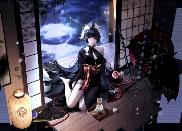长发 肩膀 动漫女孩 动漫 清酒 夜 花瓣 杯子 武士刀 武器 灯笼 地板  电脑壁纸 4K壁纸  7484x4260