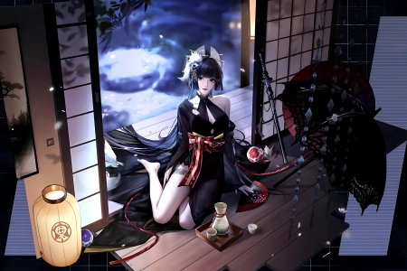 长发 肩膀 动漫女孩 动漫 清酒 夜 花瓣 杯子 武士刀 武器 灯笼 地板  电脑壁纸 4K壁纸 7484x4260