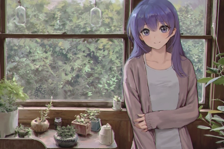 紫色头发 微笑 动漫 女孩 紫色眼睛 4K壁纸 4961x3508