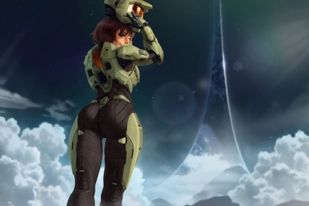 大师 光环 马尾辫 女人 光环 游戏 空间 绿色 盔甲 眨眼 头盔 云 AI艺术 游戏CG 4K壁纸 6000x3750